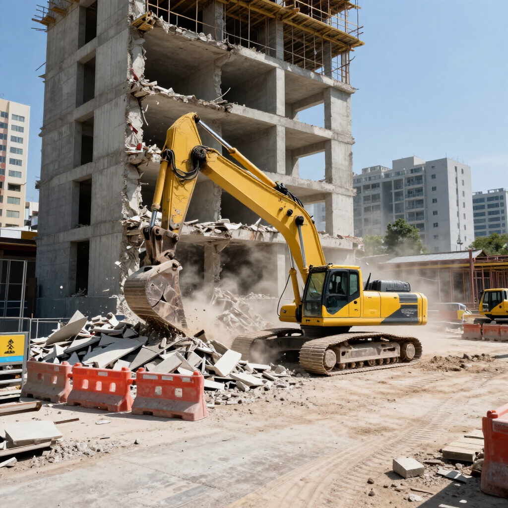 Una excavadora amarilla demuele un edificio de hormigón, con escombros cayendo en una obra en construcción.