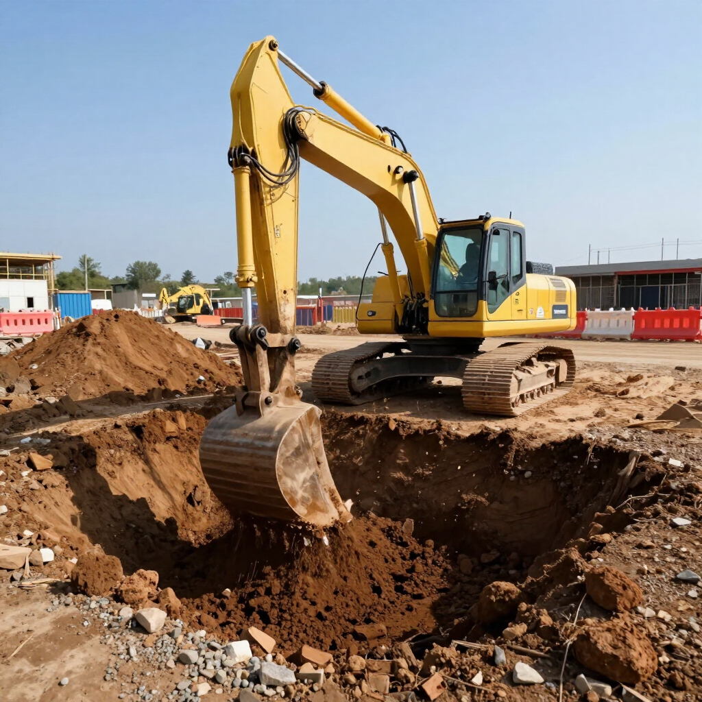 Excavadora amarilla cavando una zanja profunda en una obra de construcción.