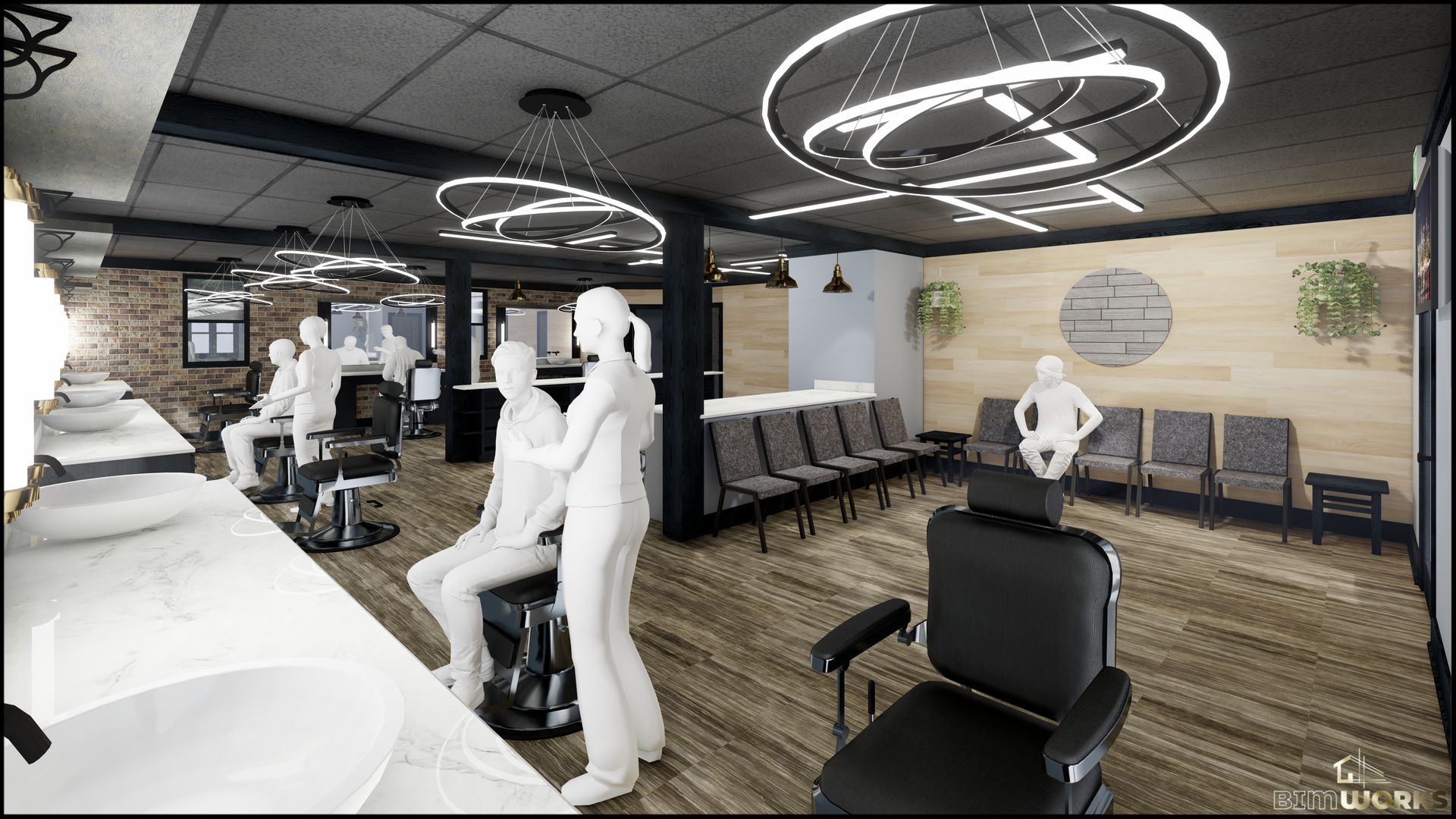 An artist 's impression of the interior of a barber shop