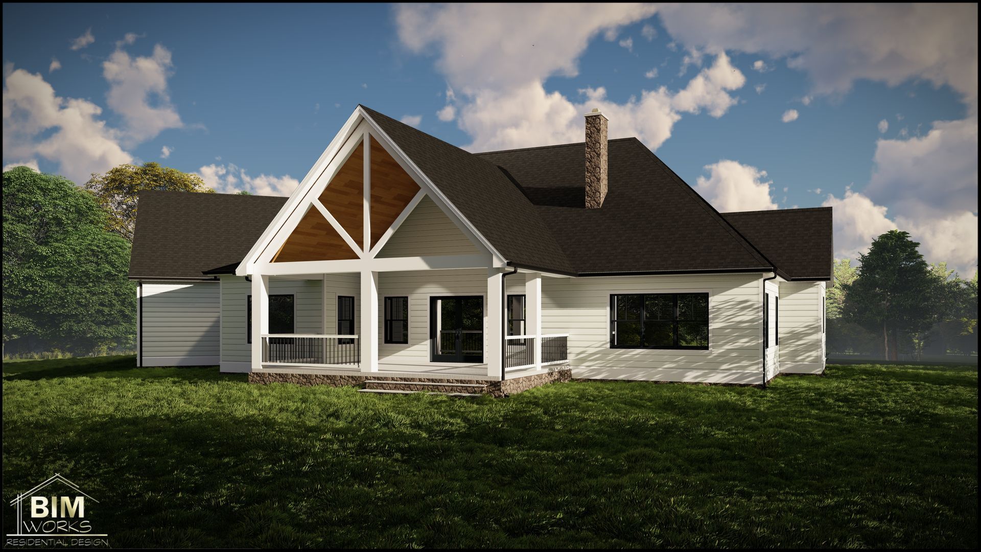 A white house with a black roof is sitting on top of a lush green field.