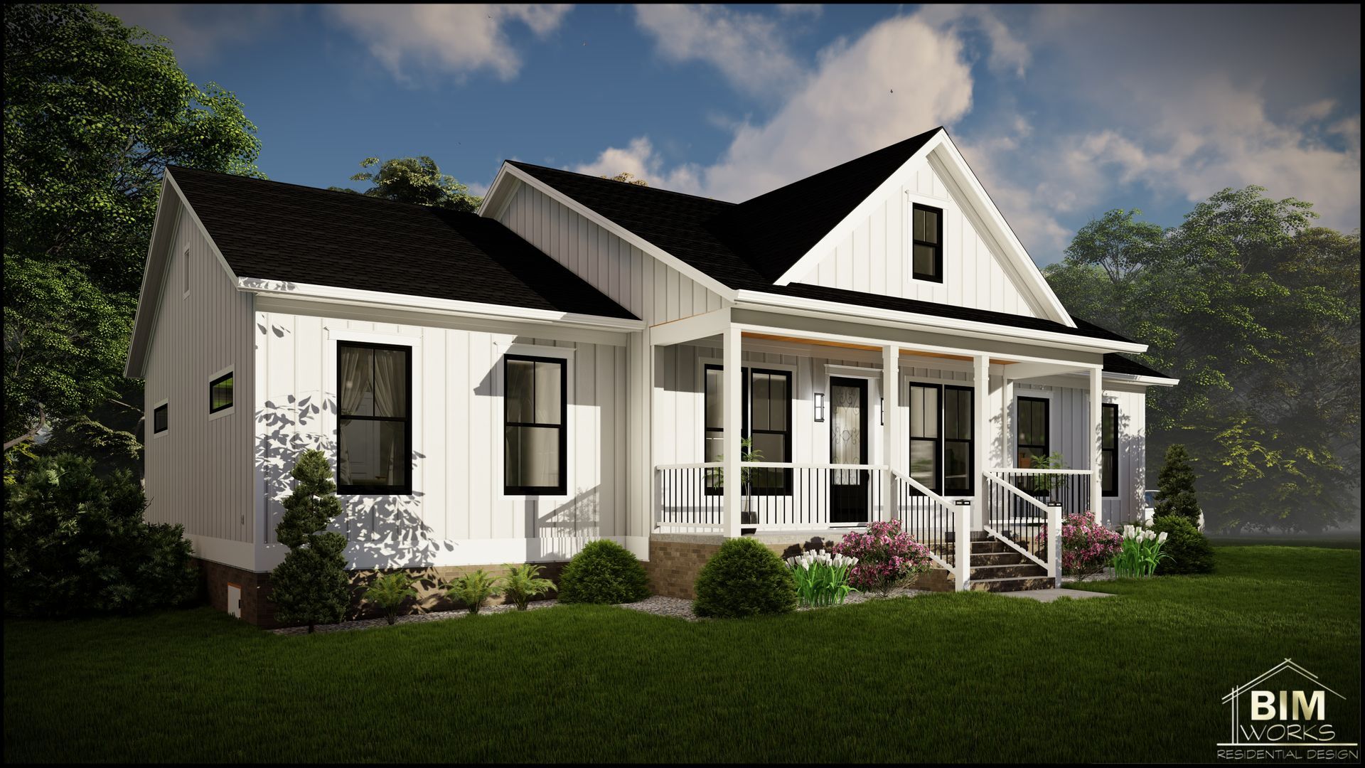 A white house with a black roof and a porch