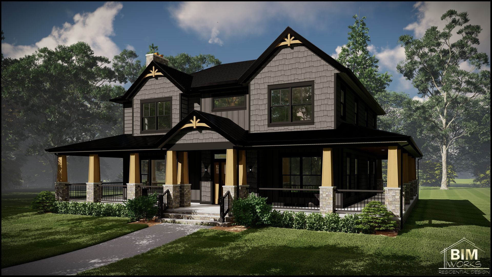 A rendering of a modern house with a lot of windows and trees in the background.