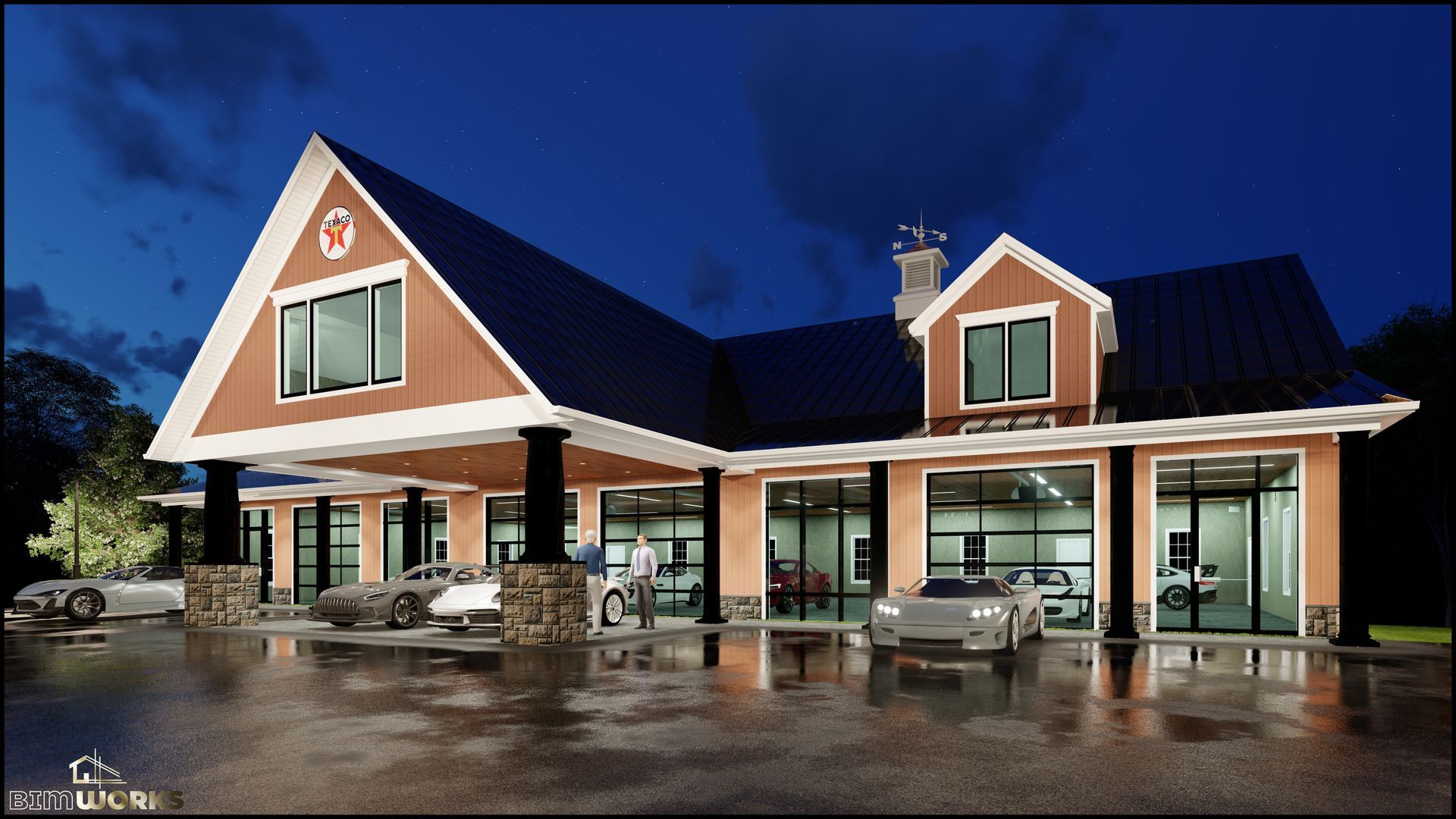 A rendering of a garage with cars parked in front of it at night.