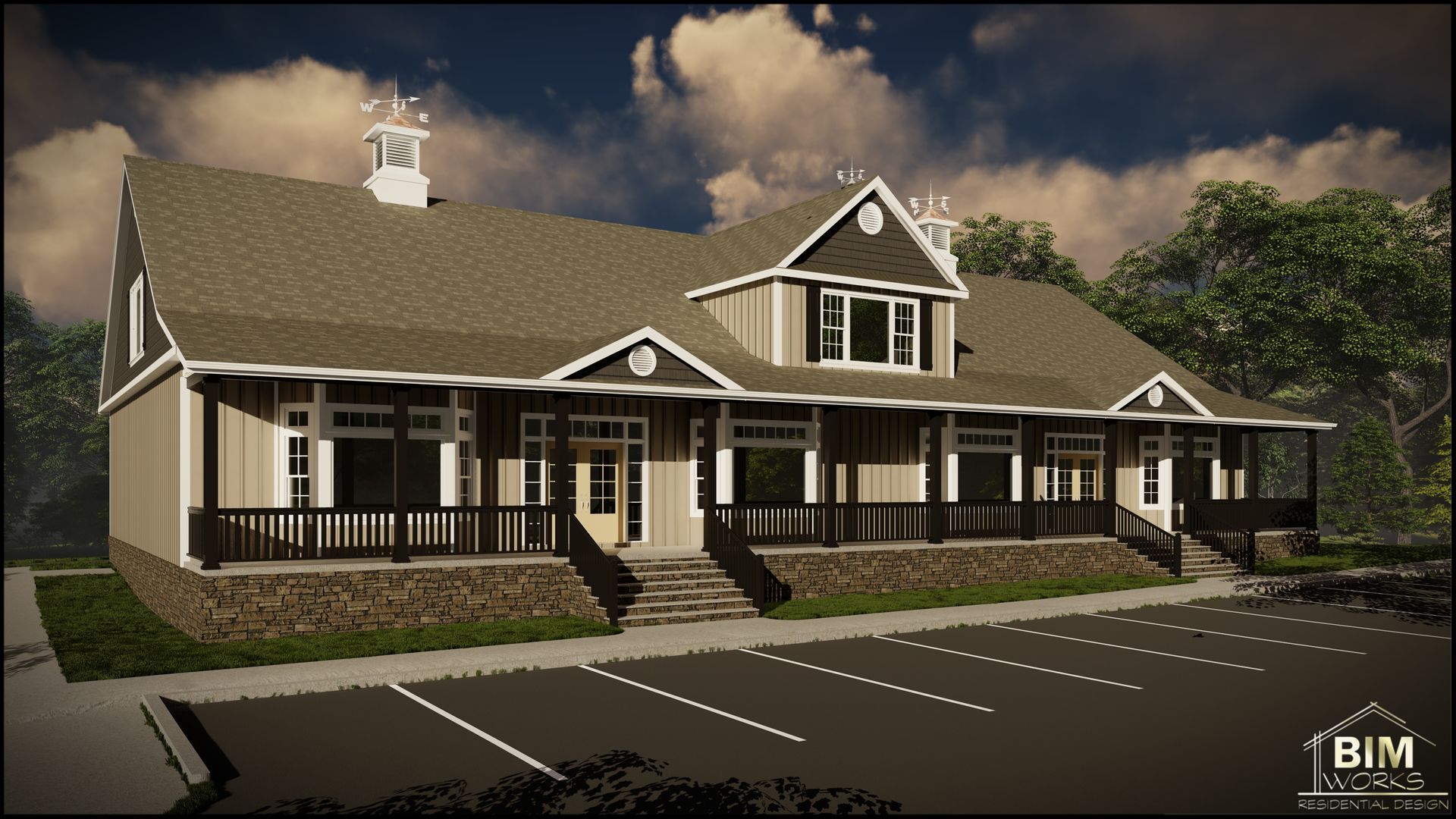 A front elevation of a shopping center. 