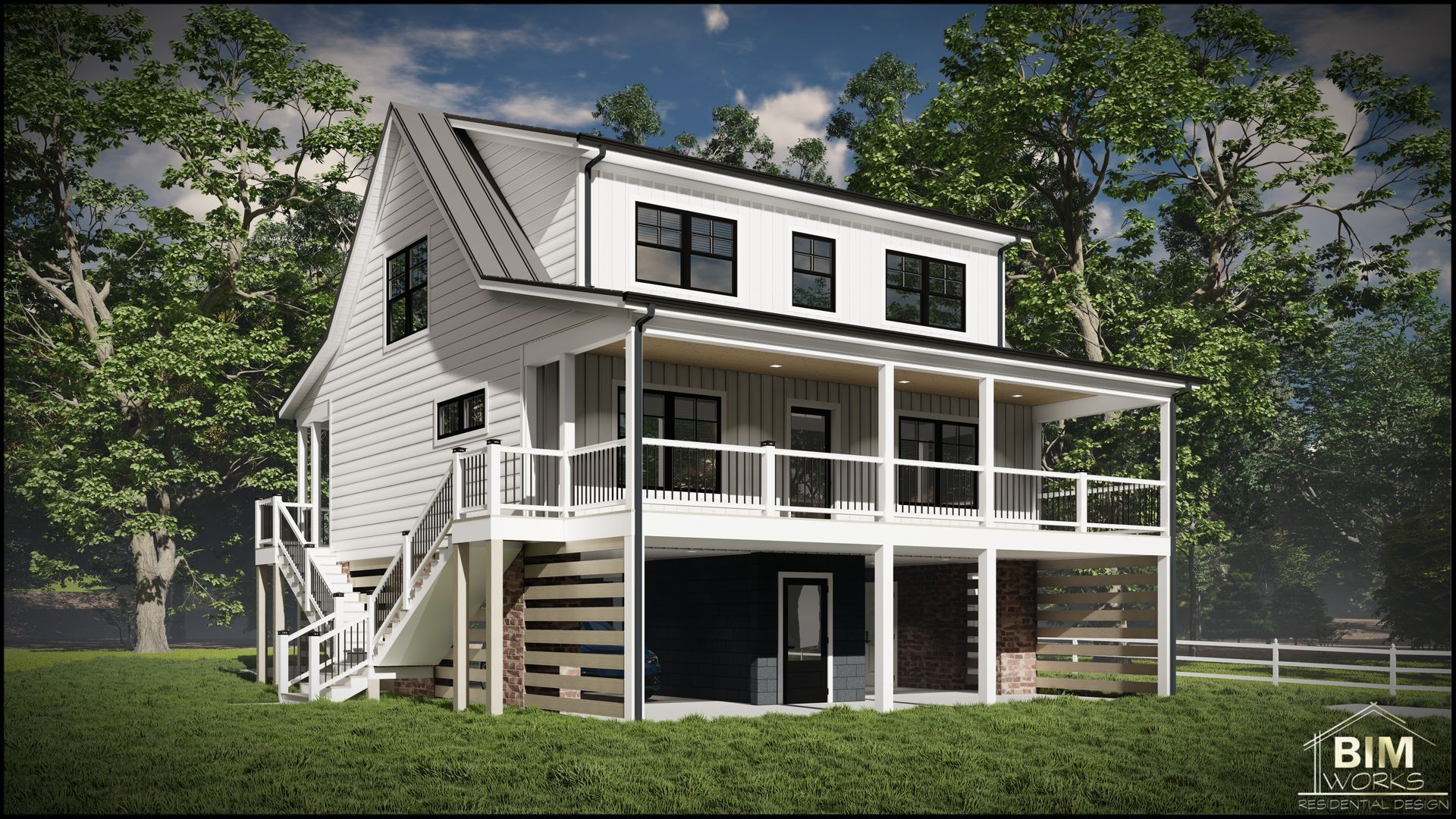 The back of a house with a large deck and balconies.