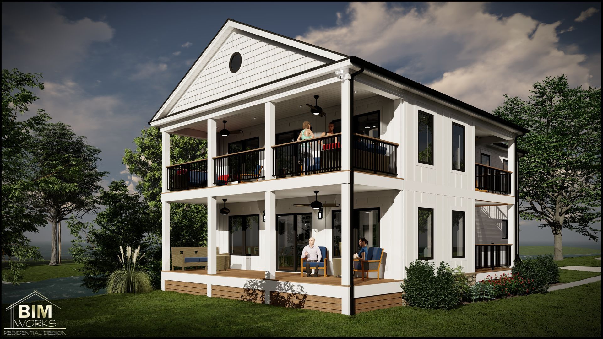 A rendering of a modern house with a lot of windows and trees in the background.