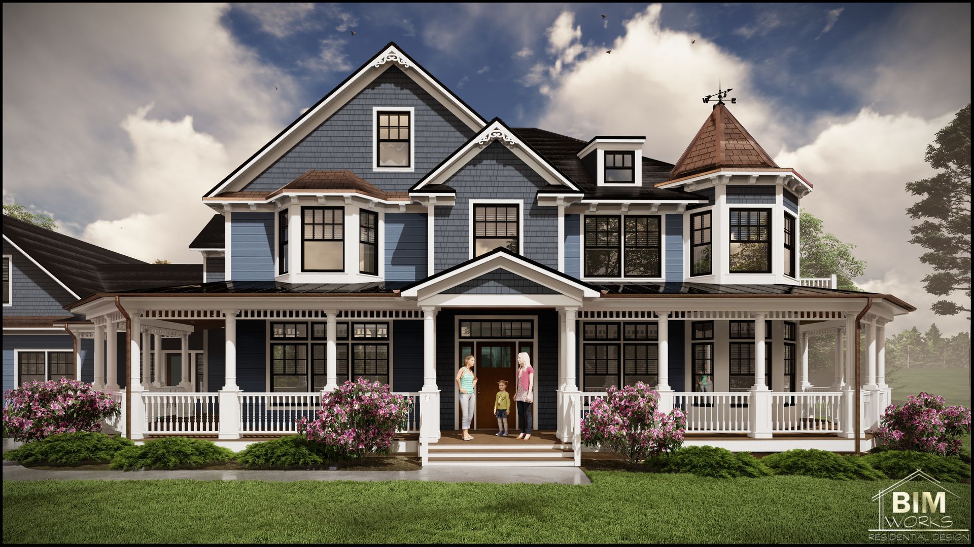 An artist 's impression of a Victorian house with a large porch