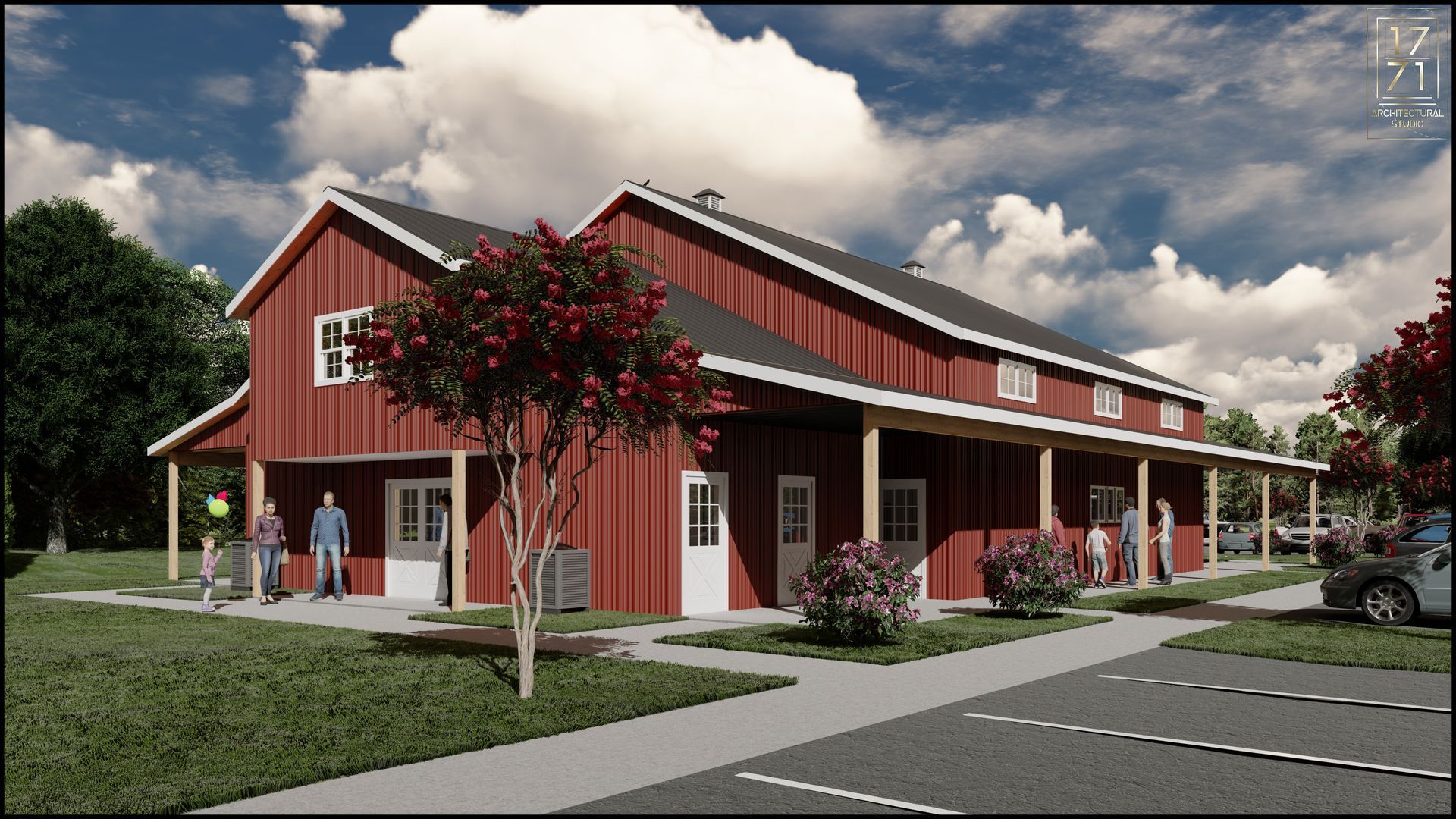 An artist 's impression of a large red barn