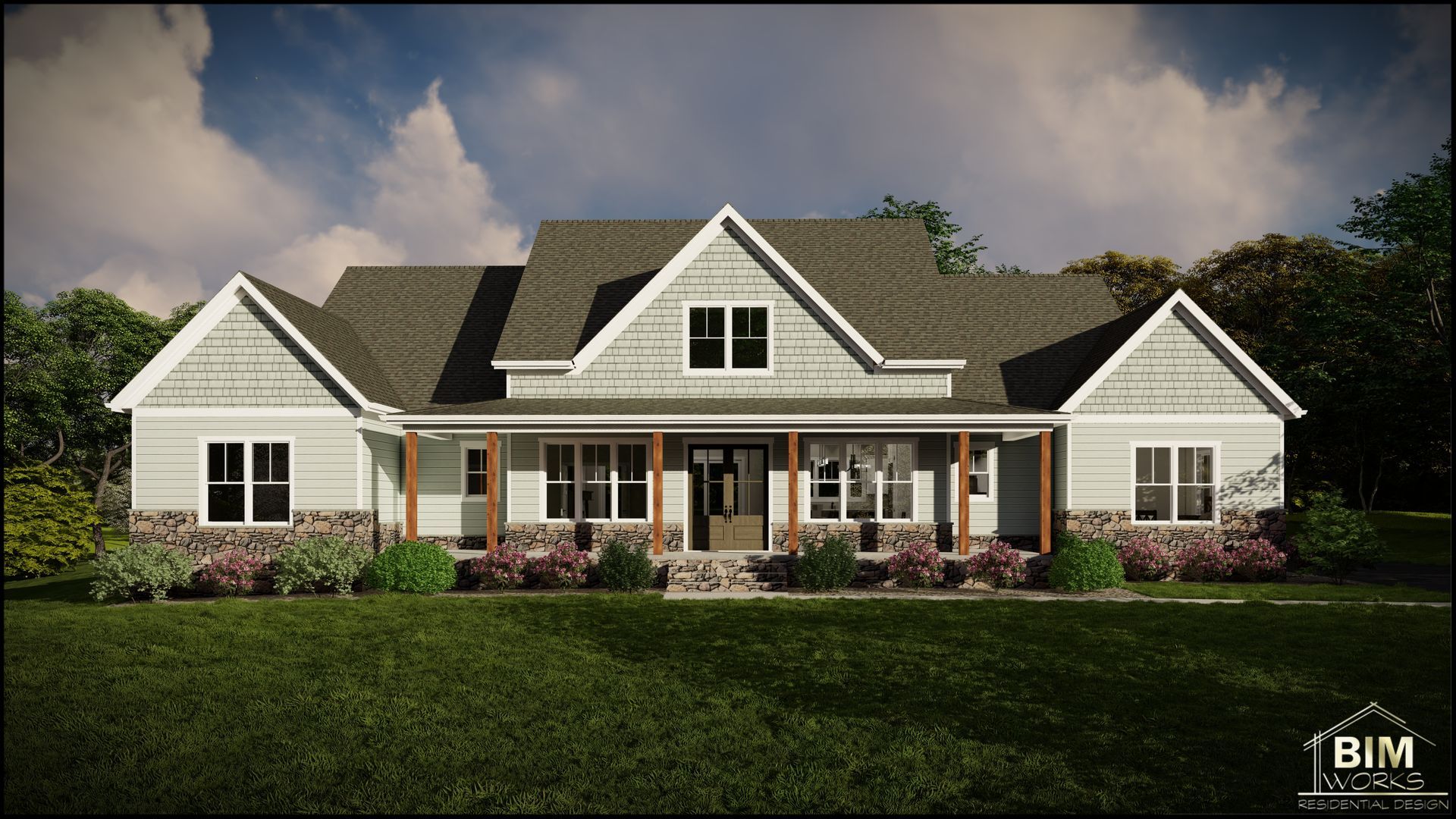 A rendering of a modern house with a lot of windows and trees in the background.