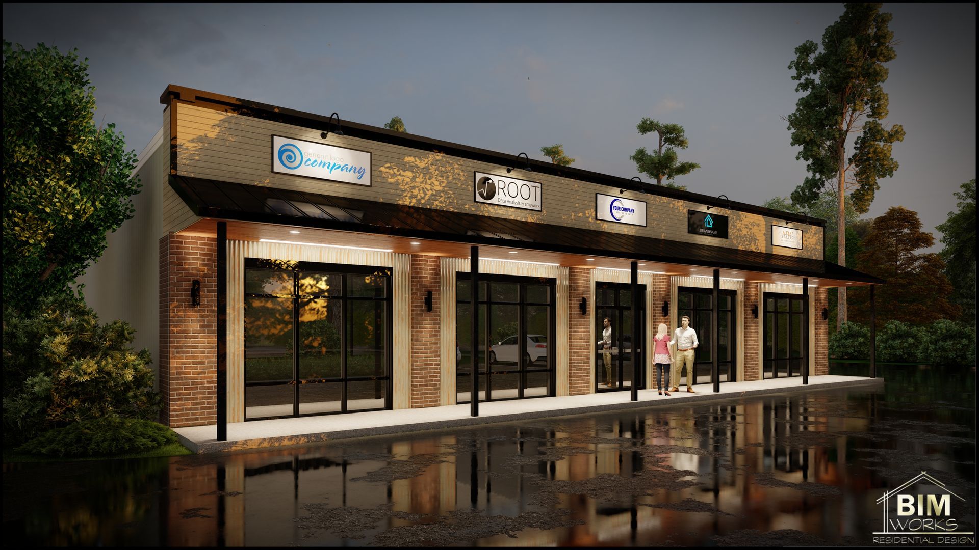 A front elevation of a shopping center. 