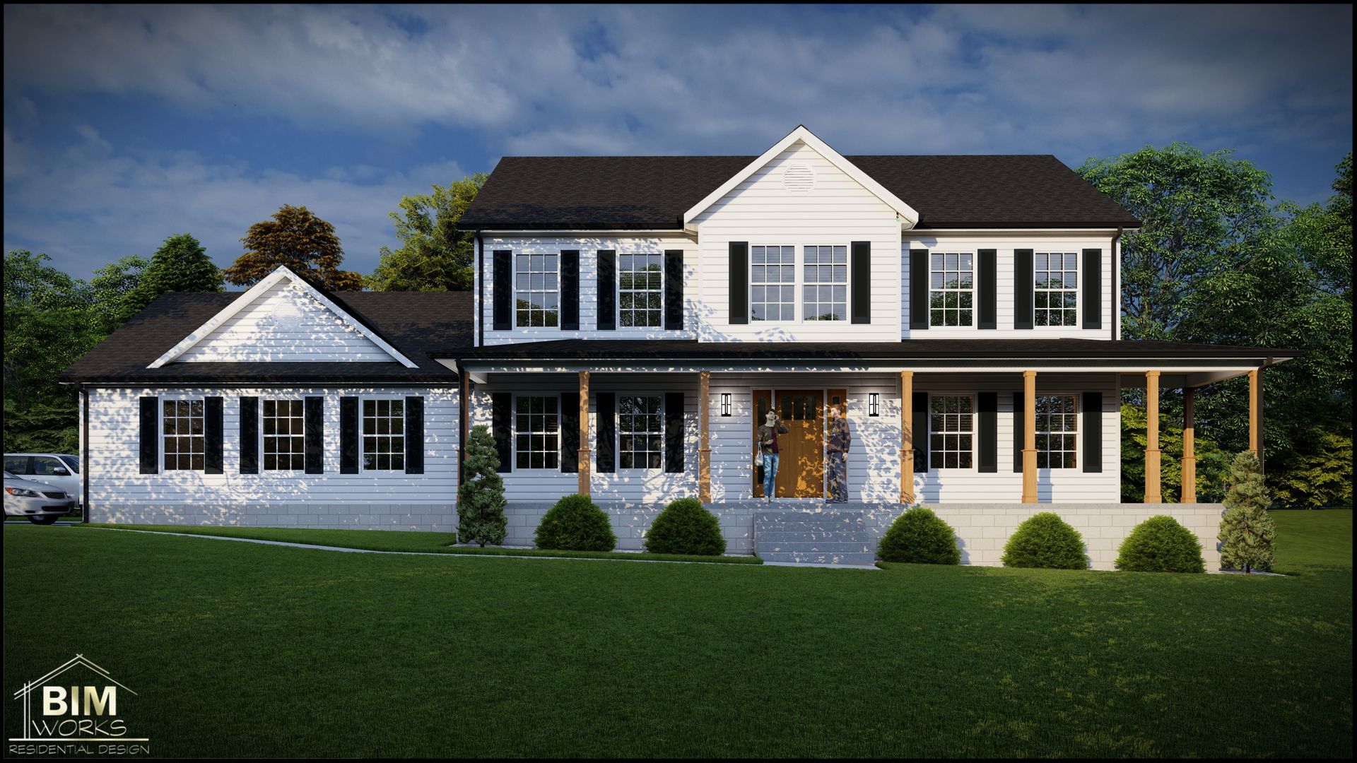 A rendering of a modern house with a lot of windows and trees in the background.