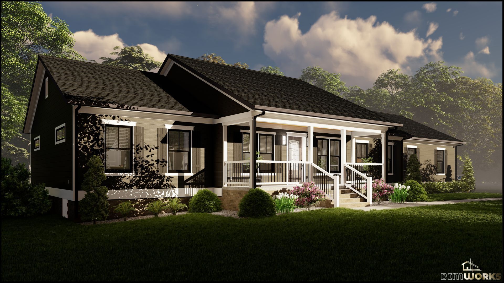 A front elevation  of a house with a large porch