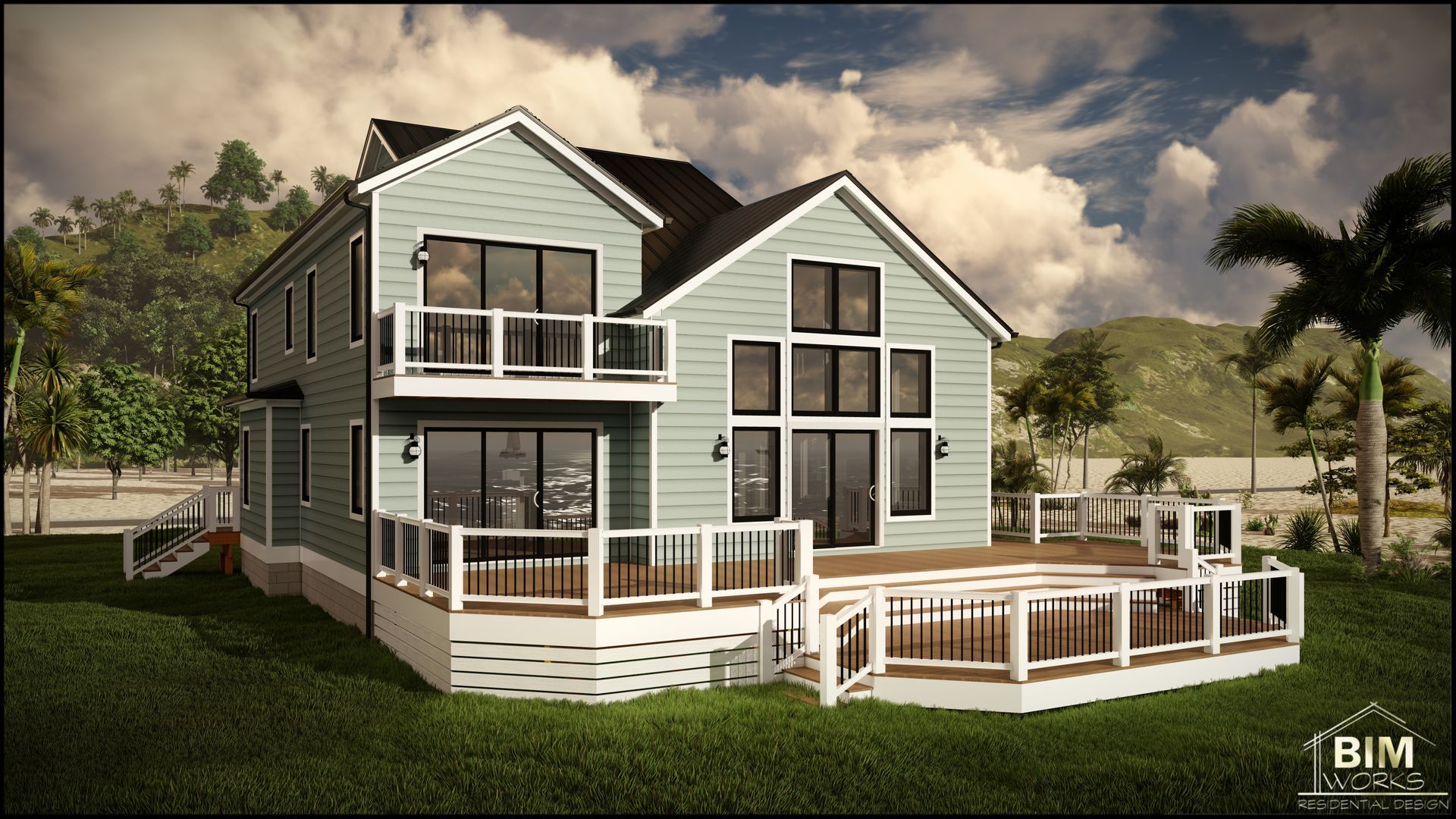 The back of a house with a large deck and balconies.