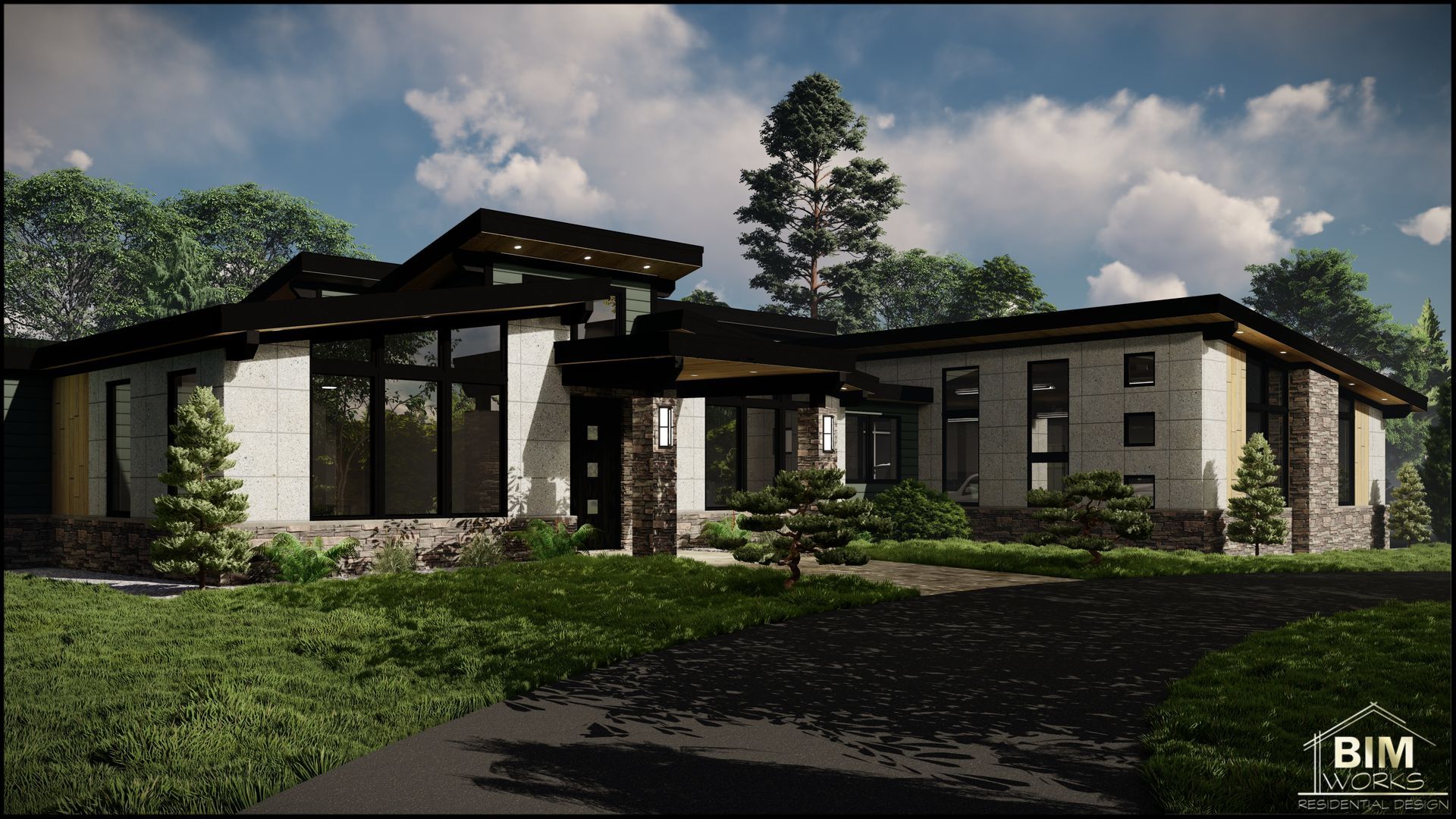 A rendering of a modern house with a lot of windows and trees in the background.