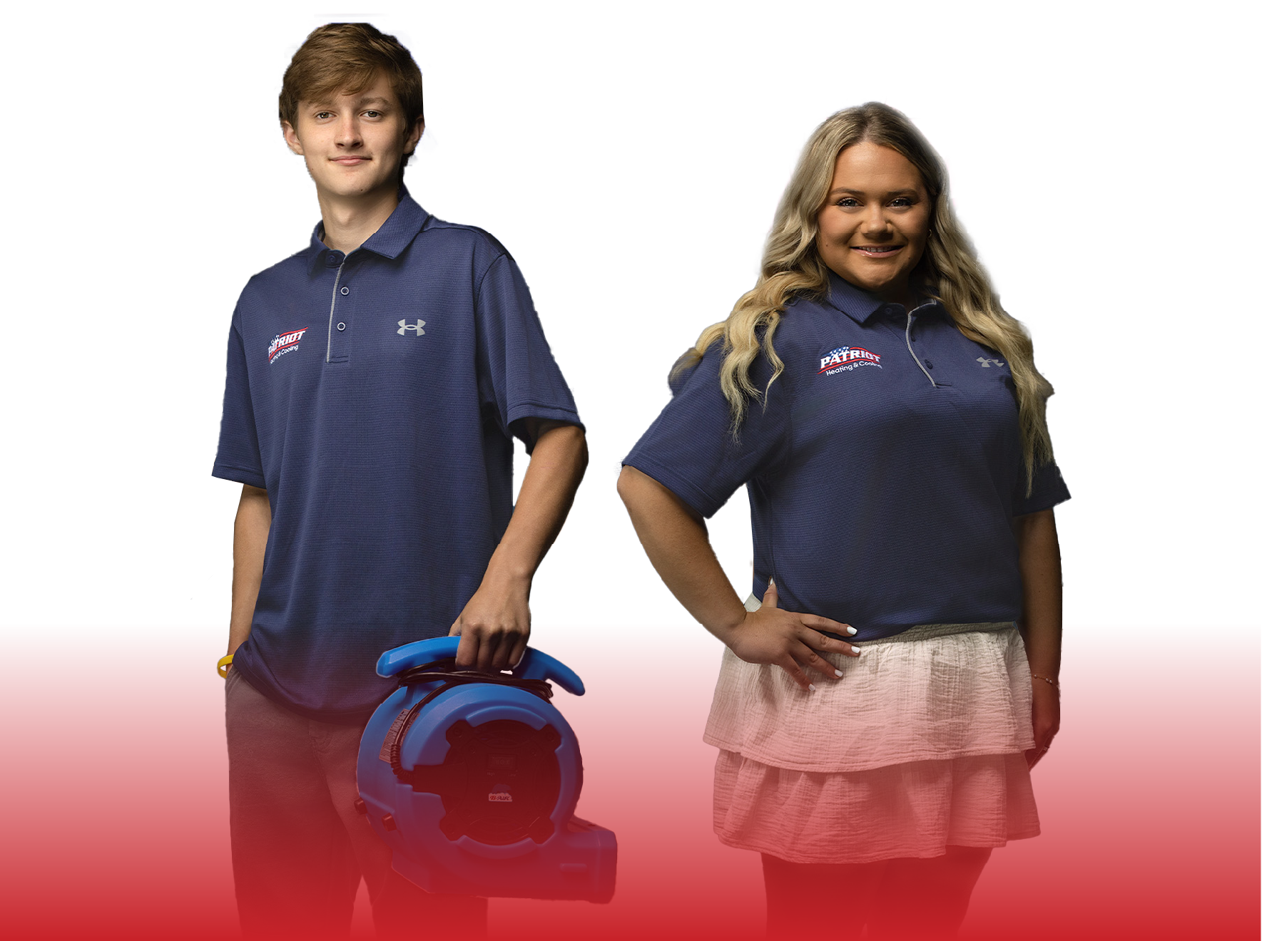Two people in navy polos pose on white background, one holding a blue helmet, with red gradient at bottom