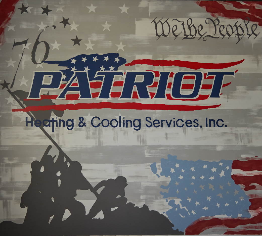 Patriot Heating & Cooling Services logo over a stars-and-stripes background with a We the People script and soldier silhouette