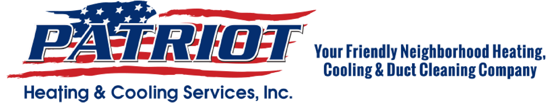 Patriot Heating & Cooling Services logo with blue and red text and tagline on a white background