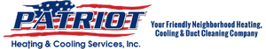 Patriot Heating & Cooling Services logo with blue and red text and tagline on a white background