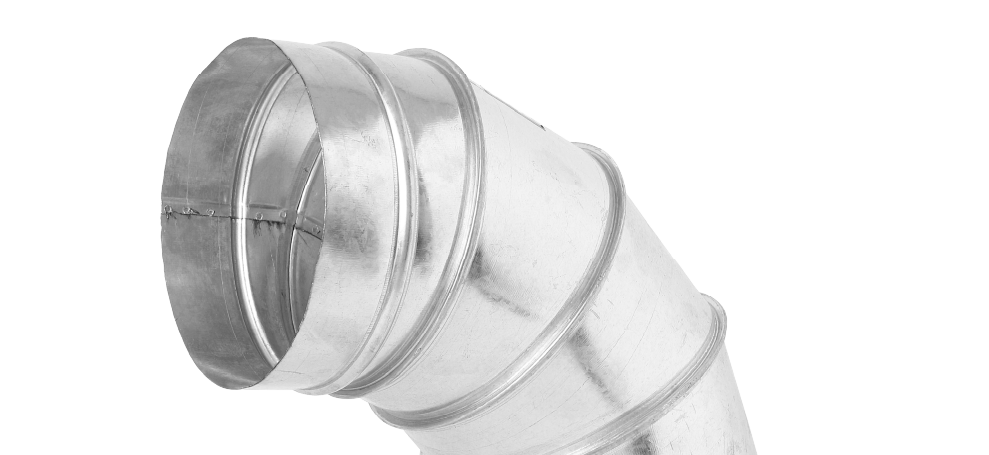 Silver metal HVAC duct elbow fitting on a white background