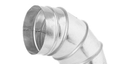 Silver metal HVAC duct elbow fitting on a white background