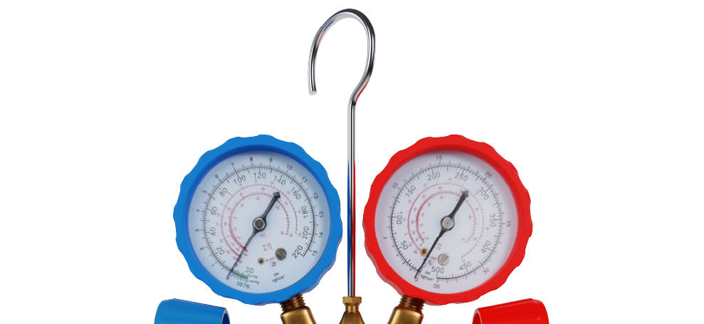 Blue and red air conditioner gauges with hoses and a hanging hook on top