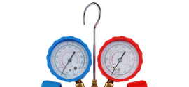 Blue and red air conditioner gauges with hoses and a hanging hook on top