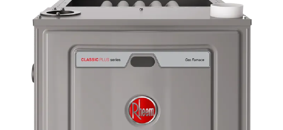Front view of a gray Rheem gas furnace with red logo and control panel