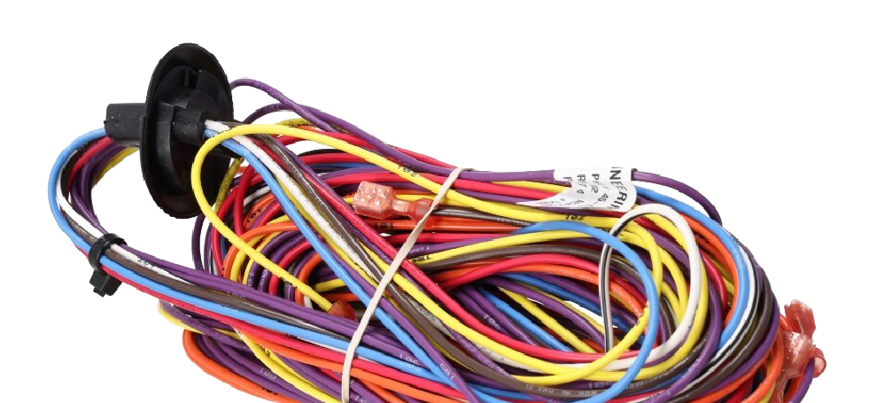 Coiled multicolored electrical wires with a black connector plug