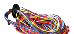 Coiled multicolored electrical wires with a black connector plug