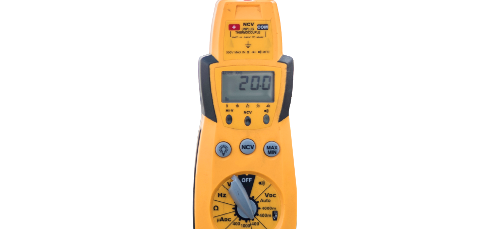Yellow handheld digital multimeter with gray display and rotary selector switch