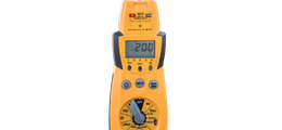 Yellow handheld digital multimeter with gray display and rotary selector switch