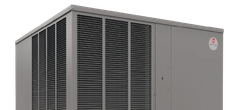 Large gray industrial HVAC unit with black grille panels and a red logo on the corner
