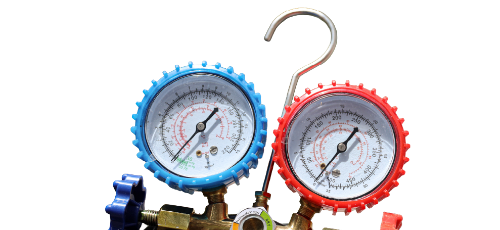Two pressure gauges, one blue and one red, connected by an HVAC hose manifold