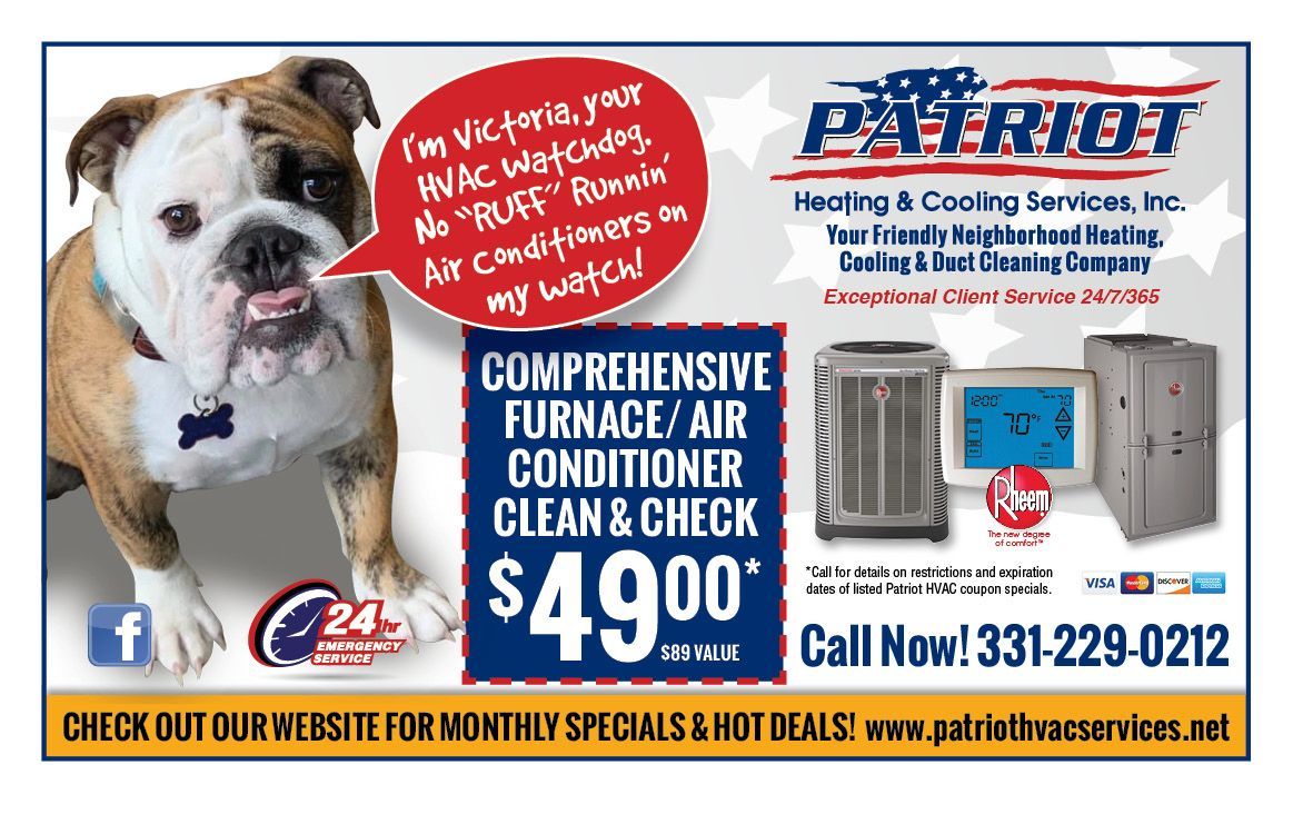 HVAC service ad with dog, $49.99 furnace/AC tune-up, and Patriot Heating & Cooling contact info