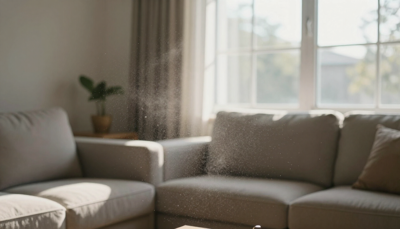 Bright living room with a beige sectional sofa, potted plant, and sunlight through large windows.