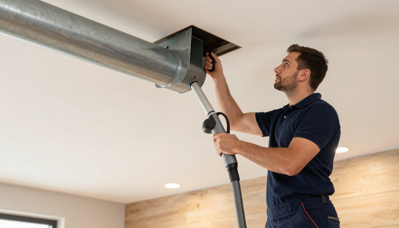 Man using a vacuum hose to clean an air duct near the ceiling indoors