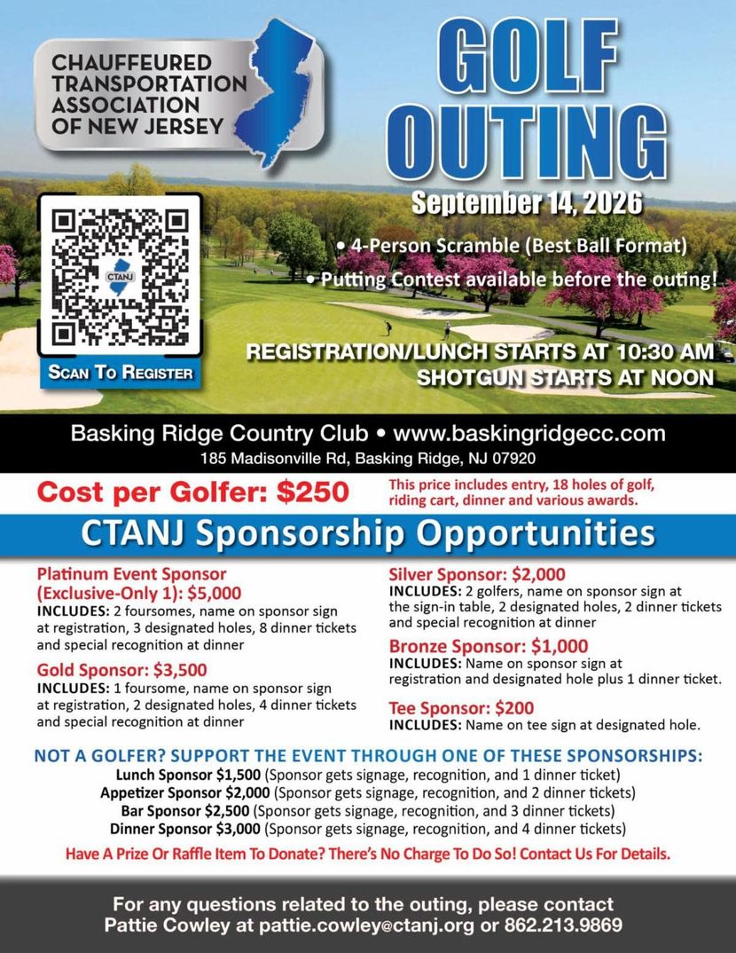 Golf outing flyer for CTA New Jersey, featuring sponsorship opportunities and QR code on blue background.