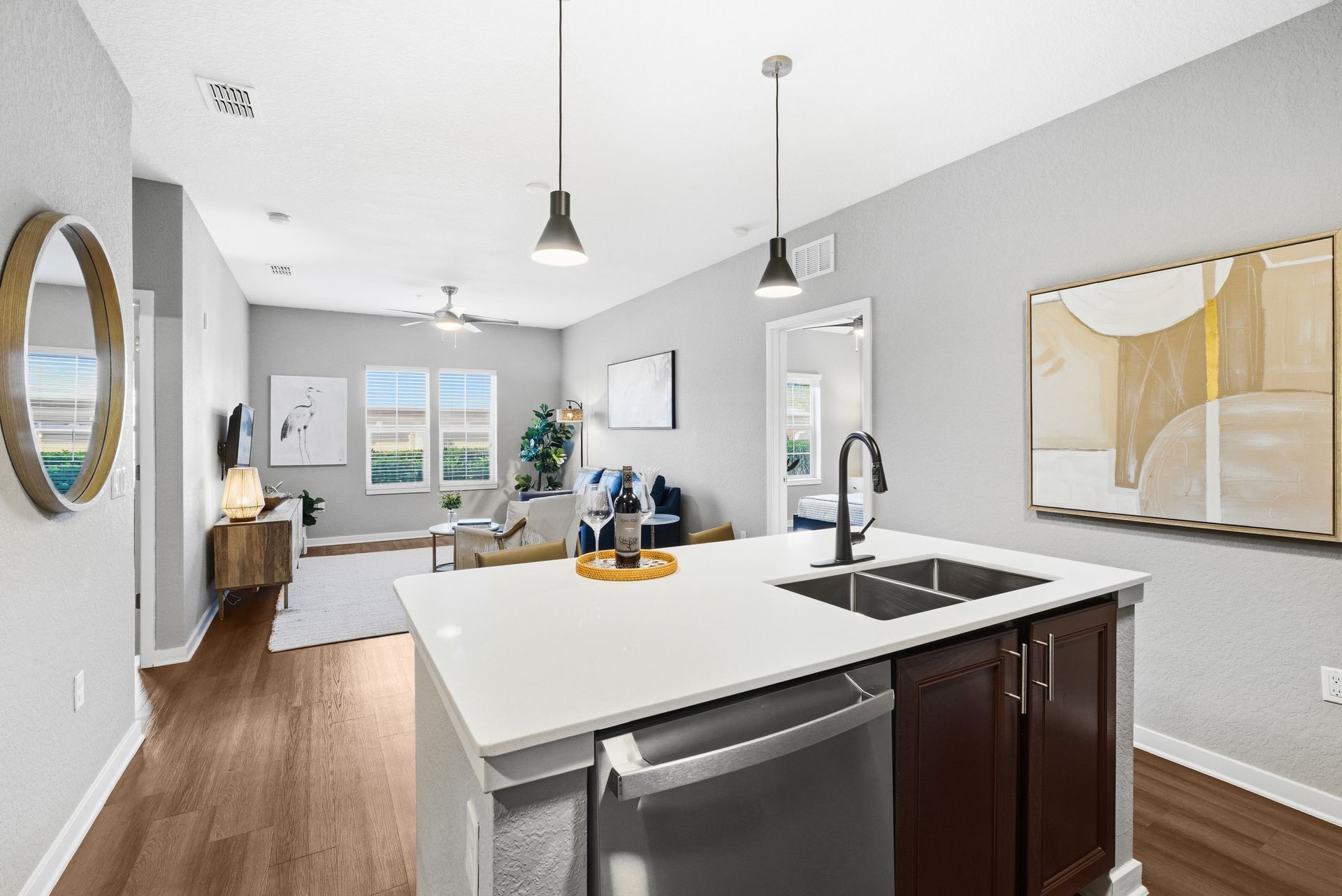 open concept kitchen with kitchen island at Creekside Ranch Apartments in Bradenton