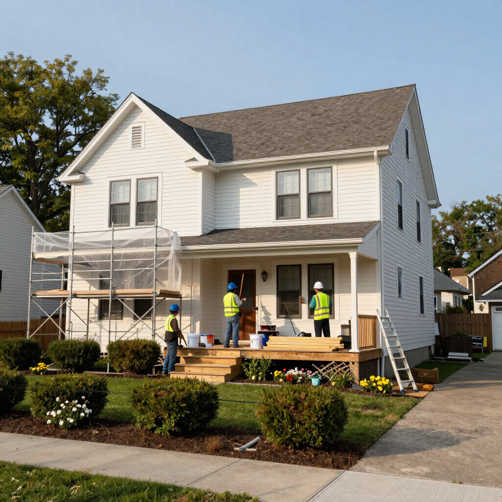 Workers on a ladder and porch scaffolding paint a white two-story house with a front porch.