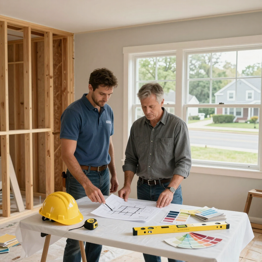 Two contractors reviewing house plans at a table in a framed home interior, with a yellow hard hat and tools nearby.