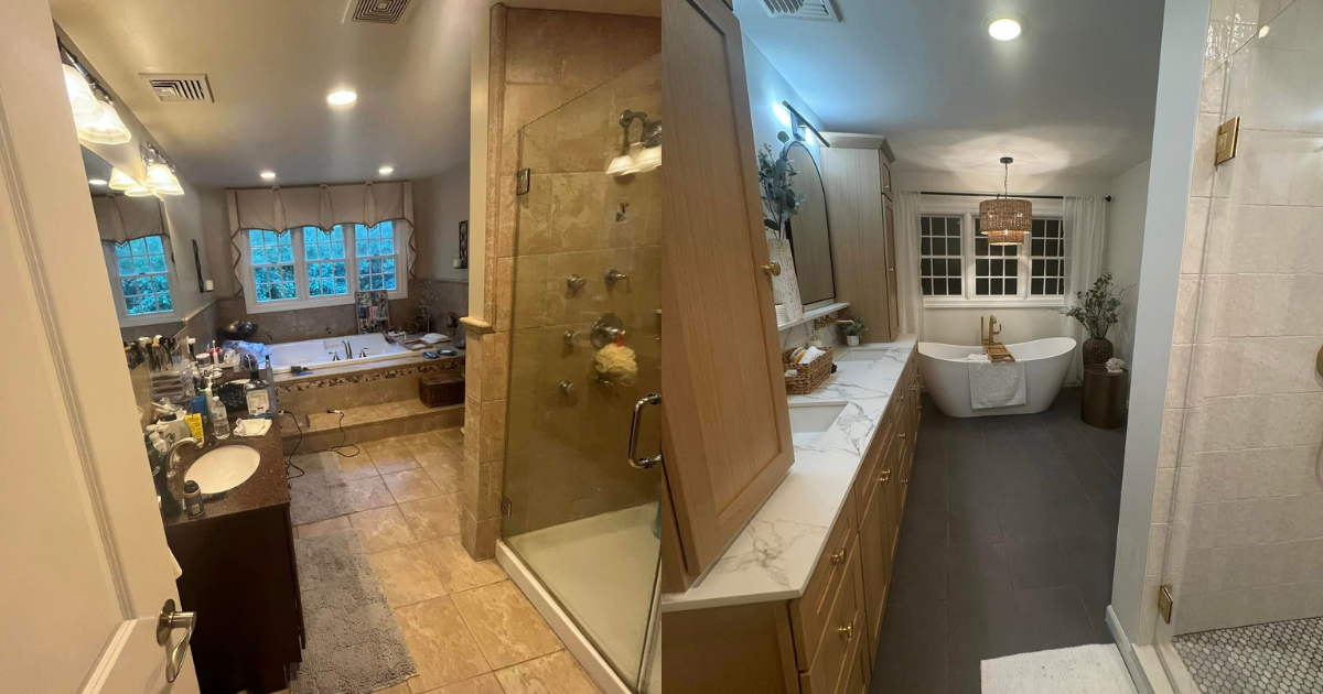 Narrow bathroom and hallway in a home, with a walk-in shower, sink, tub, and window seat visible.