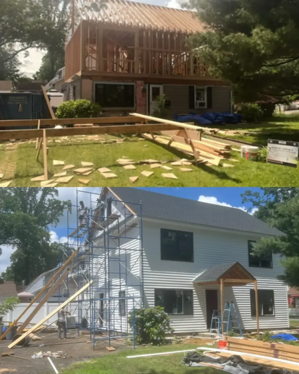 Two-story house under renovation with scaffolding, exposed framing, and a front porch under construction.