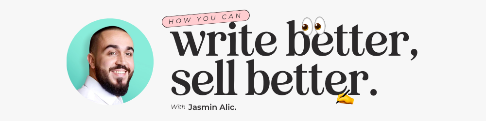 A man with a beard is standing in front of a sign that says `` write better , sell better ''.