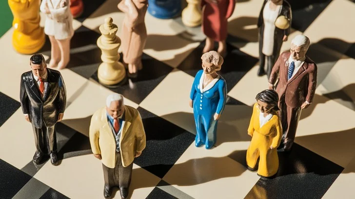 A group of people are standing on top of a chess board.