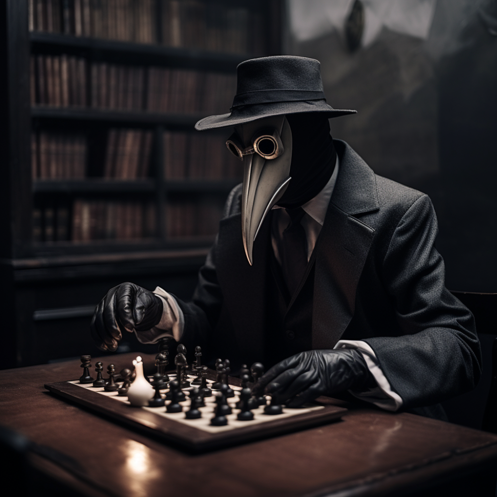 A man in a plague doctor mask is playing chess