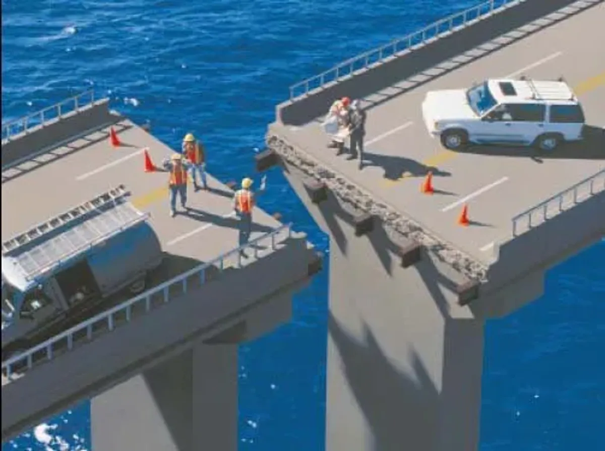 A car is driving over a bridge that is broken in half