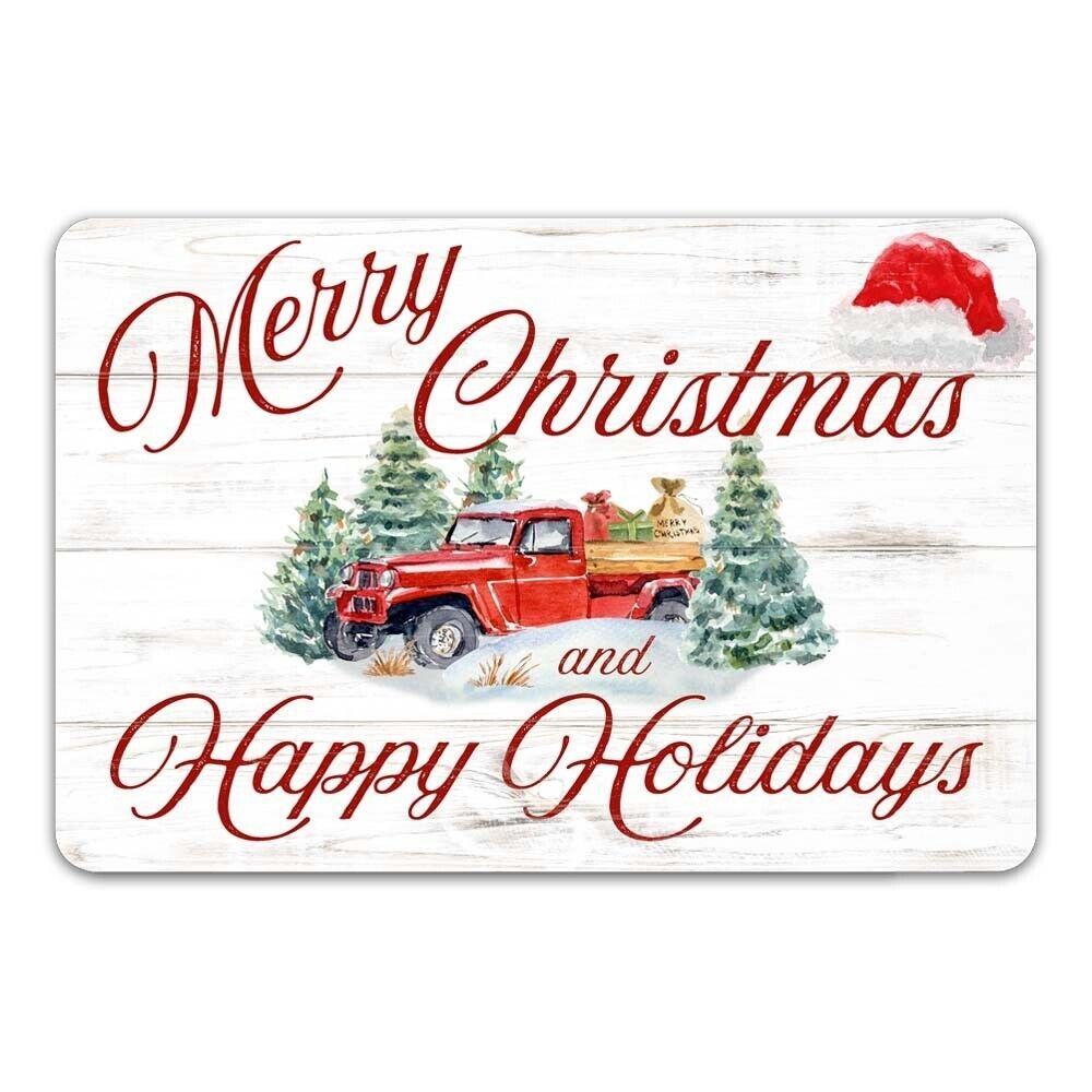 A merry christmas and happy holidays sign with a red truck and christmas trees.