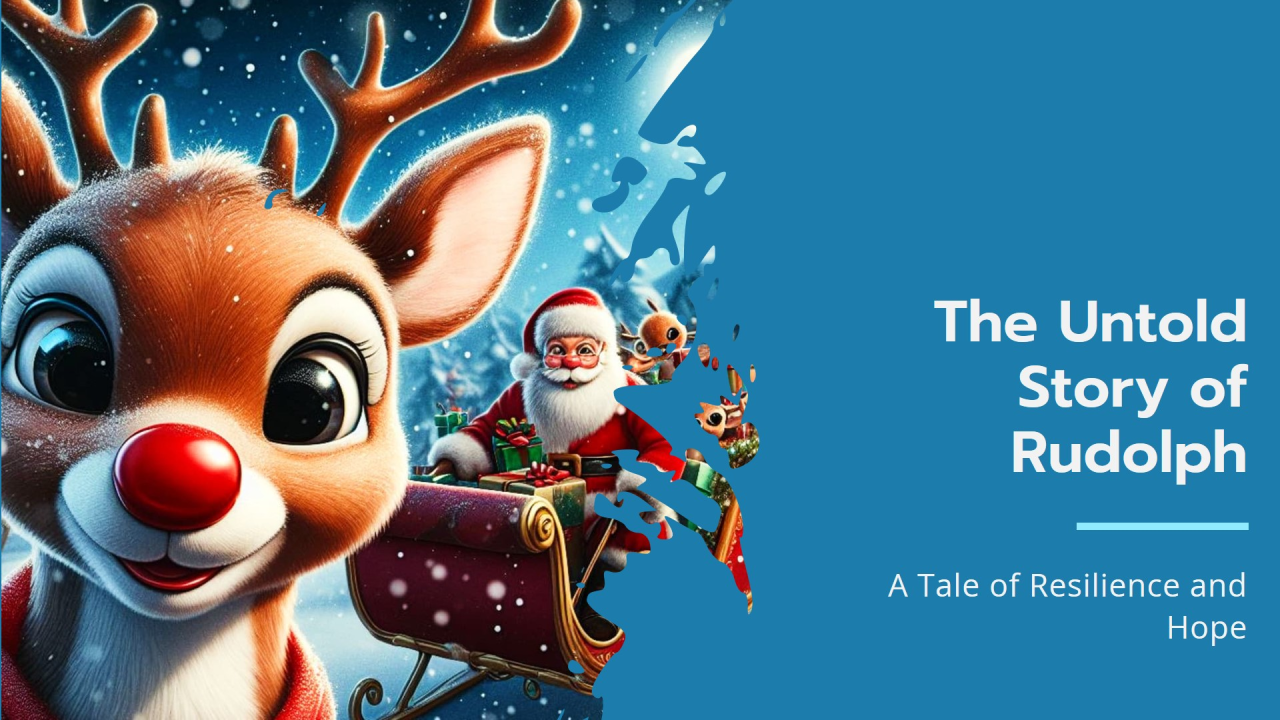 A poster for the untold story of rudolph with a reindeer and santa in a sleigh.