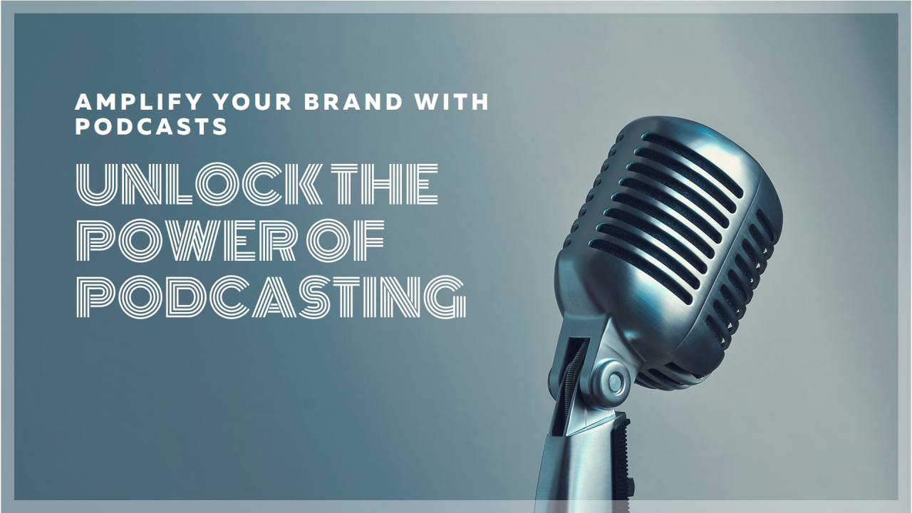 A microphone with the words `` unlock the power of podcasting '' written on it.