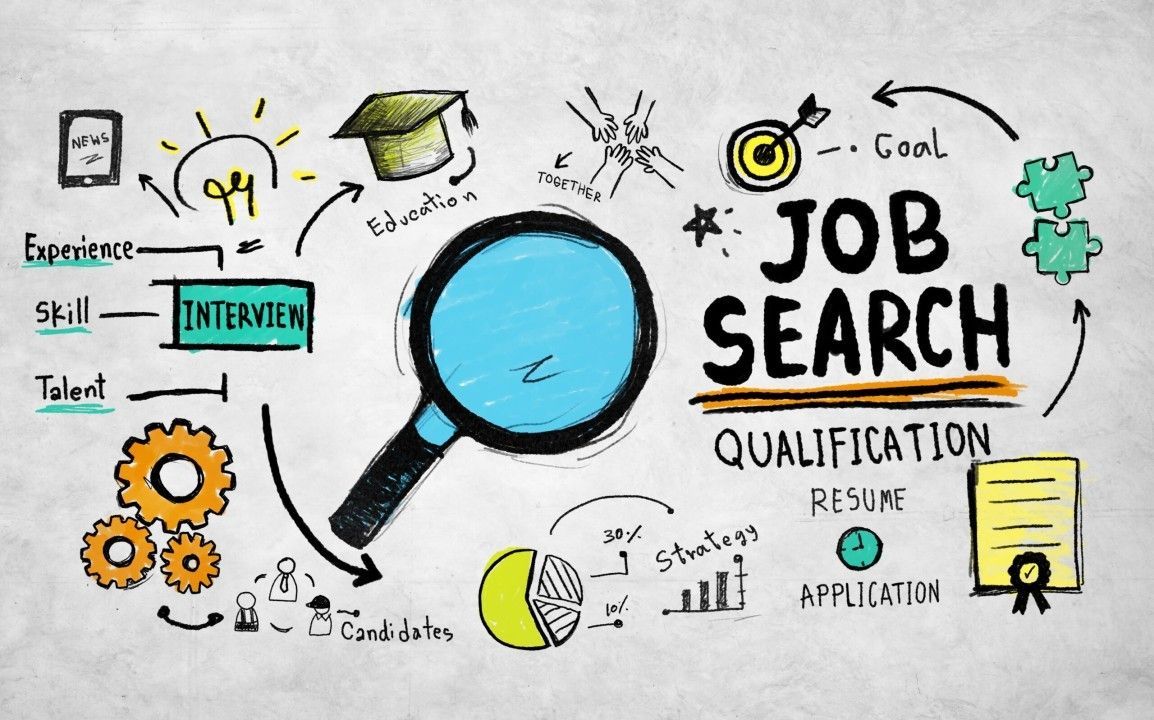 A drawing of a magnifying glass and the words job search